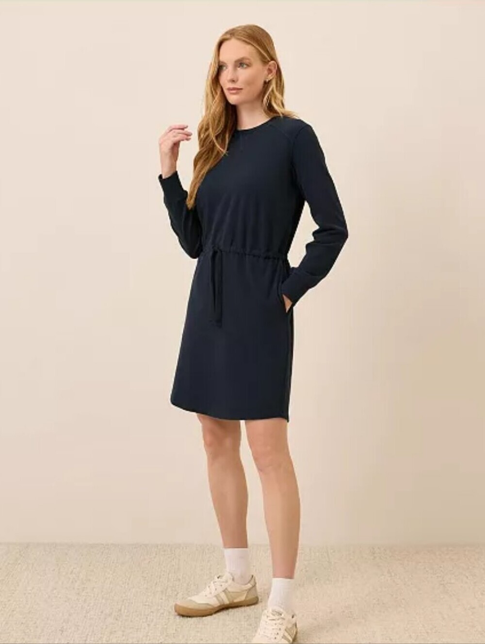 Pact Organic Cotton Sweatshirt Dress Large Navy Blue Drawstring Waist Pockets